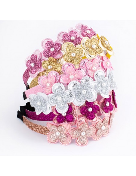 Cerchietti Bimba - 59-923 - Confezione da 6 cerchietti per capelli con fiori in glitter | Vendita Ingrosso Fermacapelli e Big...