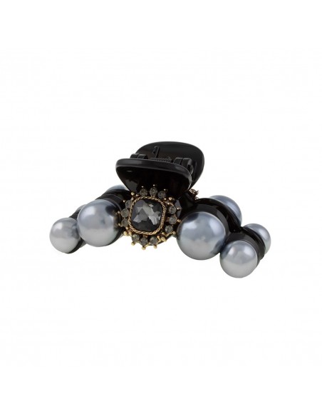 Pinze Fashion - Pinza per capelli nera con perle cristallo e corona strass - 7 CM | Vendita Ingrosso Fermacapelli e Bigiotteria