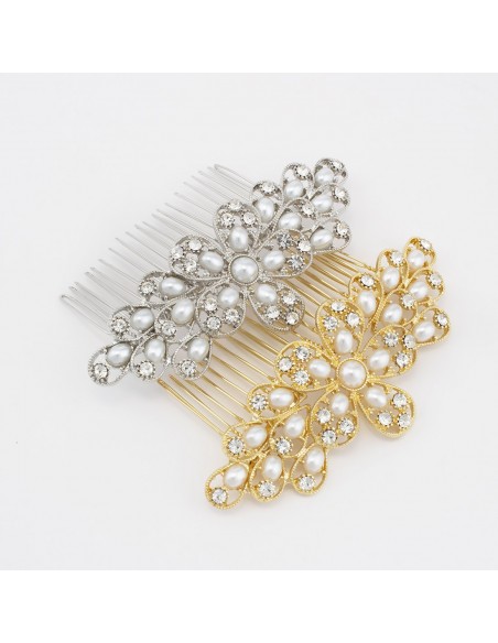Fianchini Strass - Pettine per capelli in metallo a fiori con perle e strass CM 10,5 | Vendita Ingrosso Fermacapelli e Bigiot...